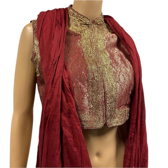 3 Piece Set Red Gold Karta Tunic Thigh Slit Matching Vest and Scarf 32 34 US 2 4 - Picture 3 of 16